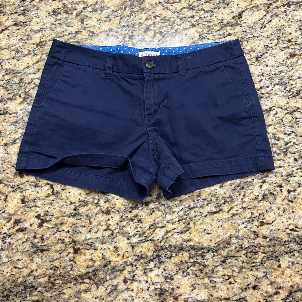 Merona Womens Navy Blue Chino Shorts Size 6 Mid Rise Polka Dot Lining Twill
